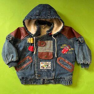 Kids Sz 5 70s Denim Zip Up Racing Chain Stitch Jacket‎ Hooded